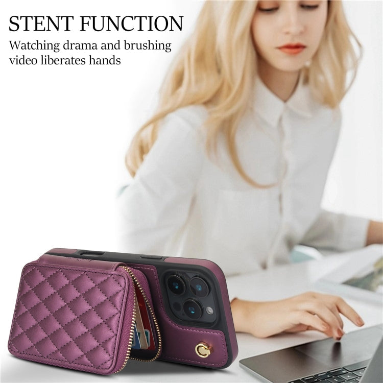 For iPhone 16 Pro Max AwQuer Crossbody Zipper Wallet Rhombic Leather Back Phone Case(Dark Purple)