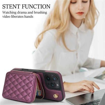 For iPhone 16 Pro Max AwQuer Crossbody Zipper Wallet Rhombic Leather Back Phone Case(Dark Purple)