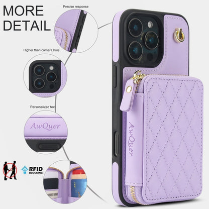 For iPhone 16 Pro Max AwQuer Crossbody Zipper Wallet Rhombic Leather Back Phone Case(Purple)