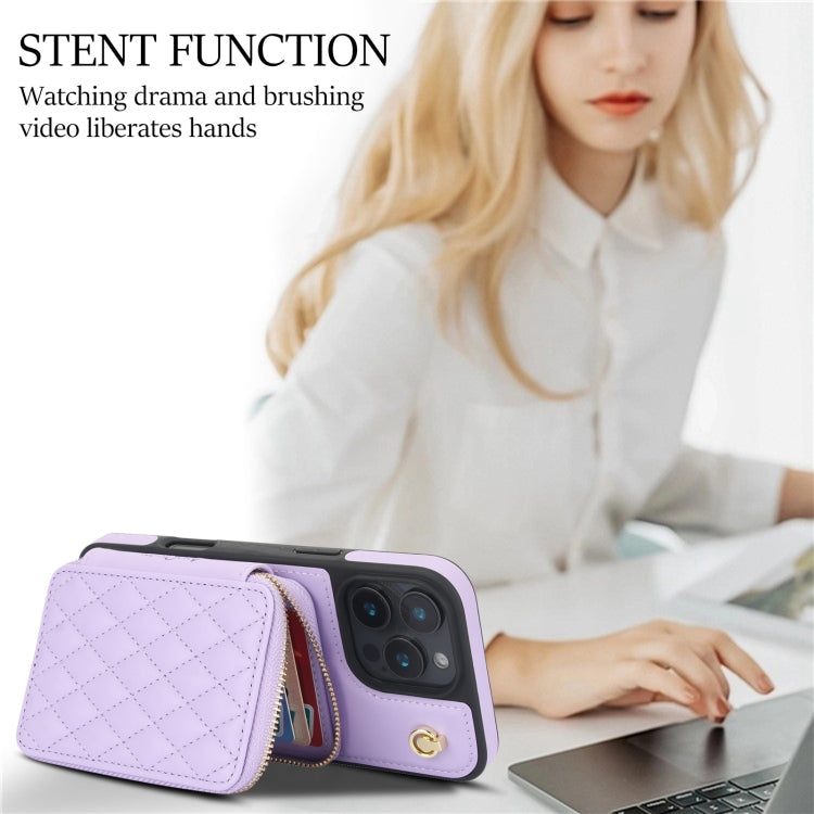 For iPhone 16 Pro Max AwQuer Crossbody Zipper Wallet Rhombic Leather Back Phone Case(Purple)