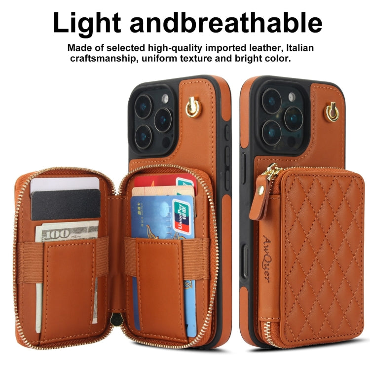 For iPhone 16 Pro Max AwQuer Crossbody Zipper Wallet Rhombic Leather Back Phone Case(Brown)