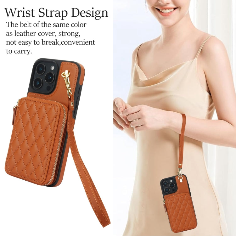 For iPhone 16 Pro Max AwQuer Crossbody Zipper Wallet Rhombic Leather Back Phone Case(Brown)