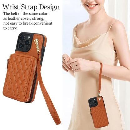 For iPhone 16 Pro Max AwQuer Crossbody Zipper Wallet Rhombic Leather Back Phone Case(Brown)