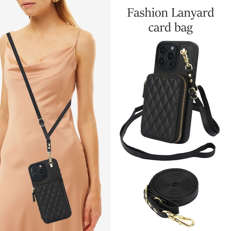 For iPhone 16 Pro AwQuer Crossbody Zipper Wallet Rhombic Leather Back Phone Case(Black)