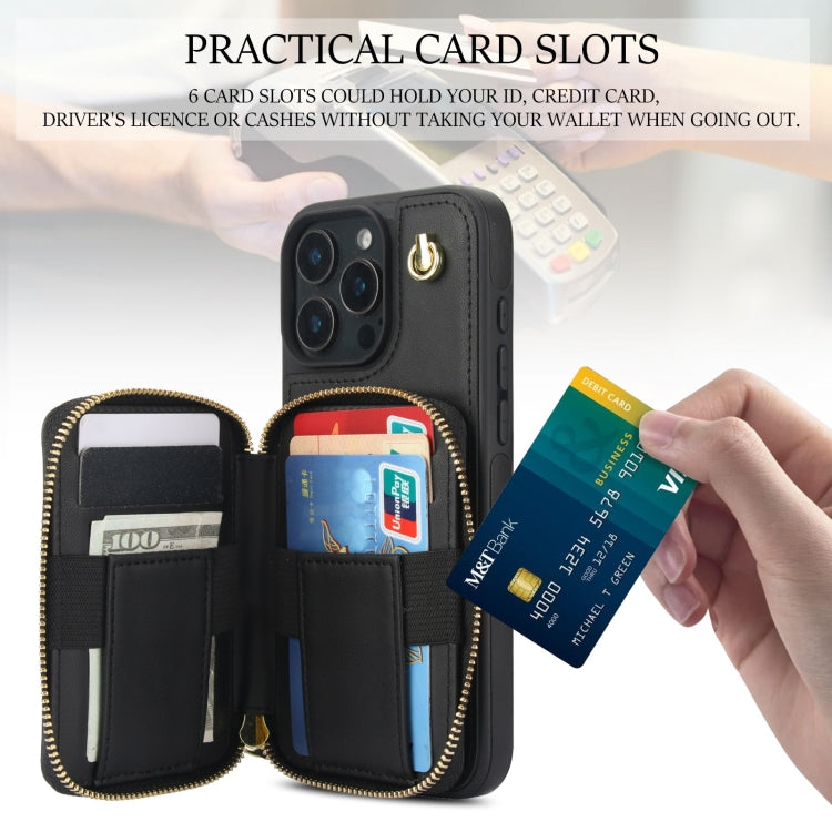 For iPhone 16 Pro AwQuer Crossbody Zipper Wallet Rhombic Leather Back Phone Case(Black)