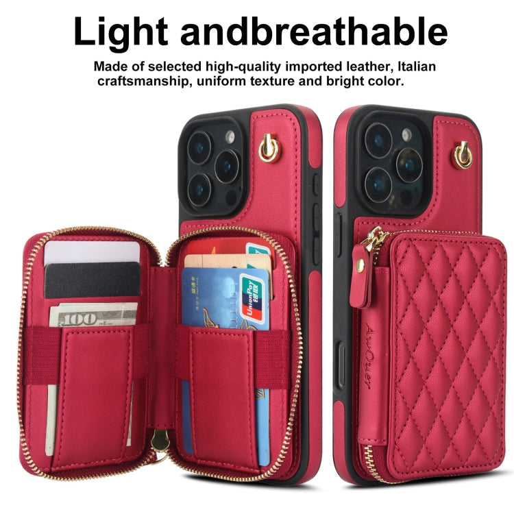 For iPhone 16 Pro AwQuer Crossbody Zipper Wallet Rhombic Leather Back Phone Case(Red)