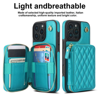 For iPhone 16 Pro AwQuer Crossbody Zipper Wallet Rhombic Leather Back Phone Case(Green)