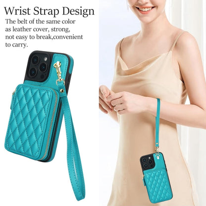 For iPhone 16 Pro AwQuer Crossbody Zipper Wallet Rhombic Leather Back Phone Case(Green)