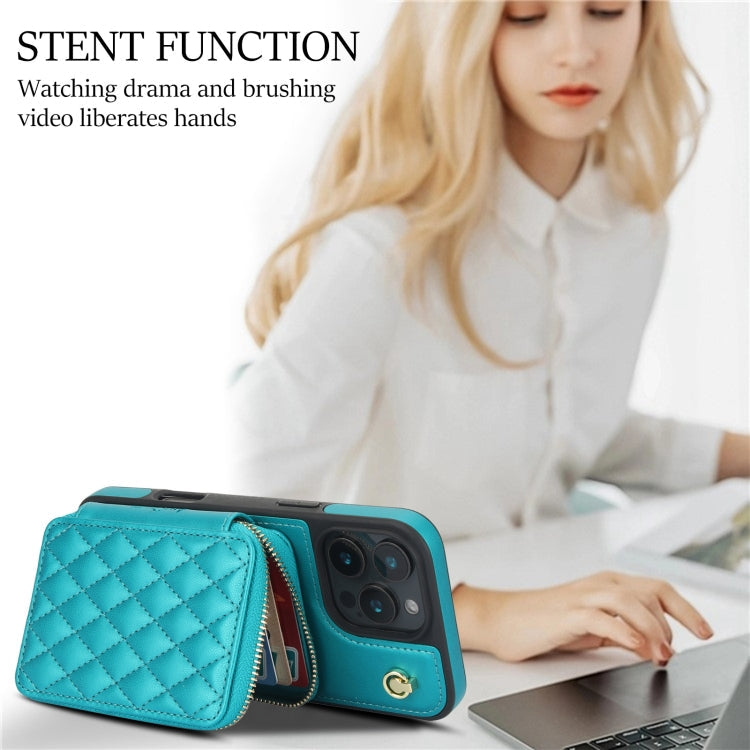 For iPhone 16 Pro AwQuer Crossbody Zipper Wallet Rhombic Leather Back Phone Case(Green)