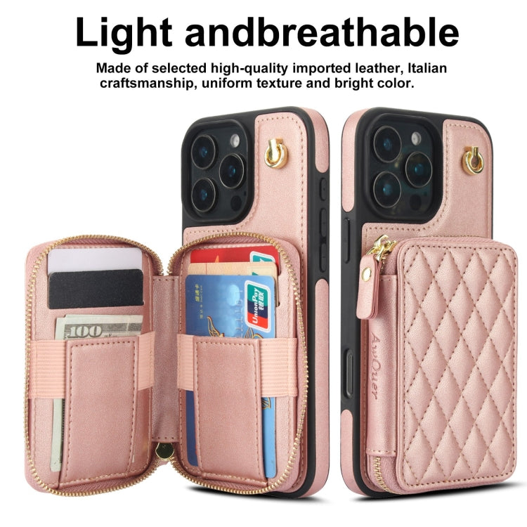 For iPhone 16 Pro AwQuer Crossbody Zipper Wallet Rhombic Leather Back Phone Case(Rose Gold)