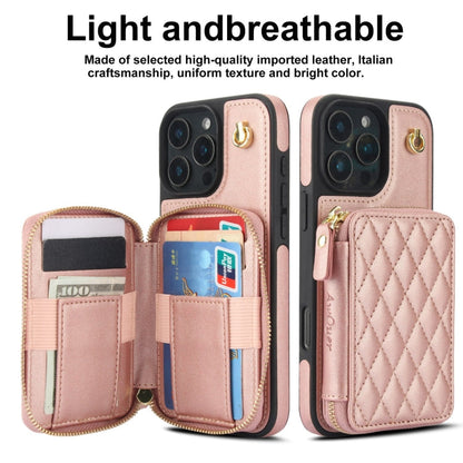 For iPhone 16 Pro AwQuer Crossbody Zipper Wallet Rhombic Leather Back Phone Case(Rose Gold)