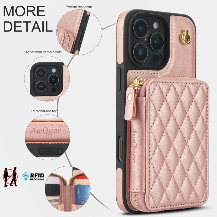 For iPhone 16 Pro AwQuer Crossbody Zipper Wallet Rhombic Leather Back Phone Case(Rose Gold)