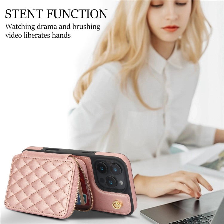 For iPhone 16 Pro AwQuer Crossbody Zipper Wallet Rhombic Leather Back Phone Case(Rose Gold)