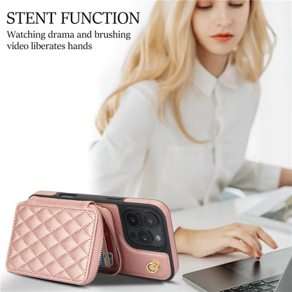 For iPhone 16 Pro AwQuer Crossbody Zipper Wallet Rhombic Leather Back Phone Case(Rose Gold)