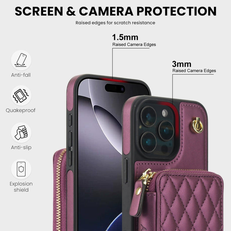 For iPhone 16 Pro AwQuer Crossbody Zipper Wallet Rhombic Leather Back Phone Case(Dark Purple)