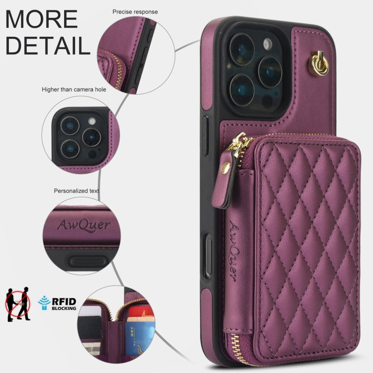 For iPhone 16 Pro AwQuer Crossbody Zipper Wallet Rhombic Leather Back Phone Case(Dark Purple)