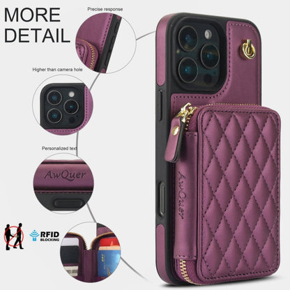 For iPhone 16 Pro AwQuer Crossbody Zipper Wallet Rhombic Leather Back Phone Case(Dark Purple)
