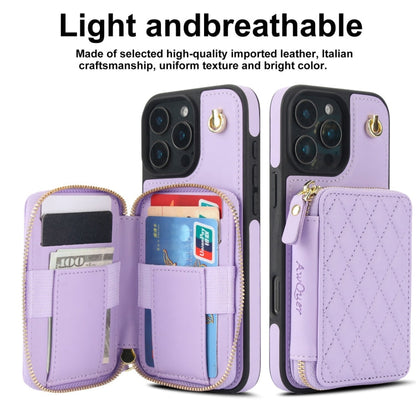 For iPhone 16 Pro AwQuer Crossbody Zipper Wallet Rhombic Leather Back Phone Case(Purple)