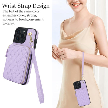 For iPhone 16 Pro AwQuer Crossbody Zipper Wallet Rhombic Leather Back Phone Case(Purple)