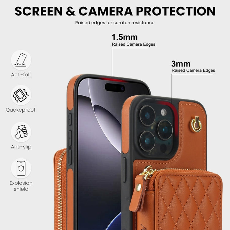 For iPhone 16 Pro AwQuer Crossbody Zipper Wallet Rhombic Leather Back Phone Case(Brown)