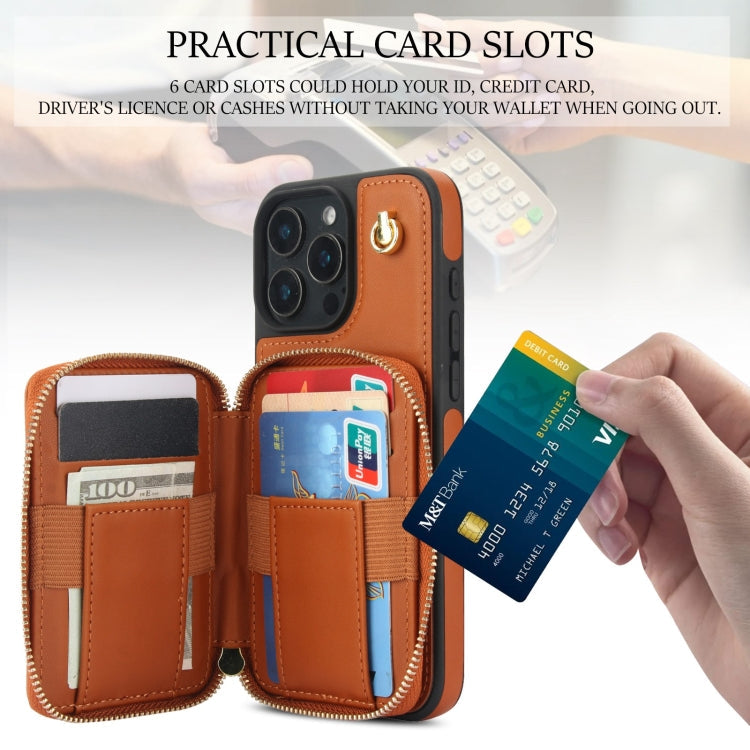 For iPhone 16 Pro AwQuer Crossbody Zipper Wallet Rhombic Leather Back Phone Case(Brown)