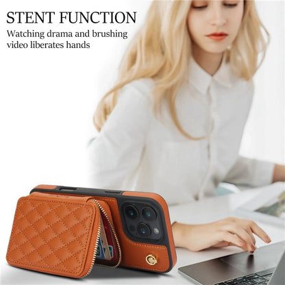 For iPhone 16 Pro AwQuer Crossbody Zipper Wallet Rhombic Leather Back Phone Case(Brown)