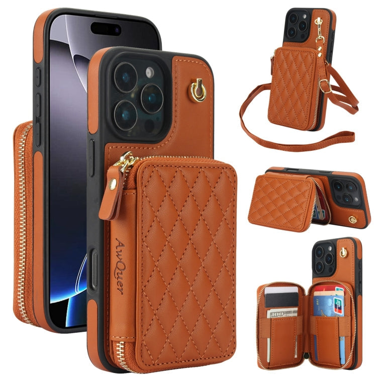 For iPhone 16 Pro AwQuer Crossbody Zipper Wallet Rhombic Leather Back Phone Case(Brown)