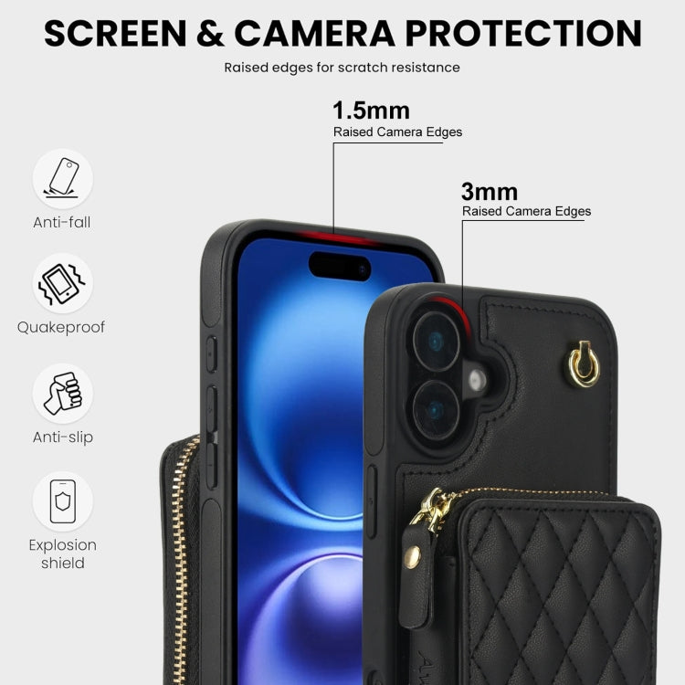 For iPhone 16 Plus AwQuer Crossbody Zipper Wallet Rhombic Leather Back Phone Case(Black)