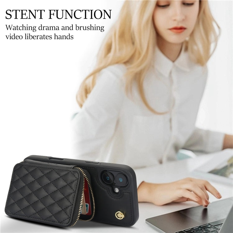 For iPhone 16 Plus AwQuer Crossbody Zipper Wallet Rhombic Leather Back Phone Case(Black)