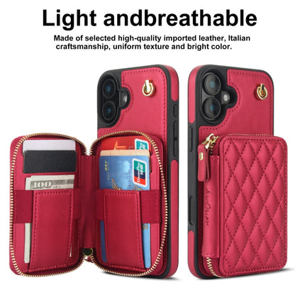 For iPhone 16 Plus AwQuer Crossbody Zipper Wallet Rhombic Leather Back Phone Case(Red)