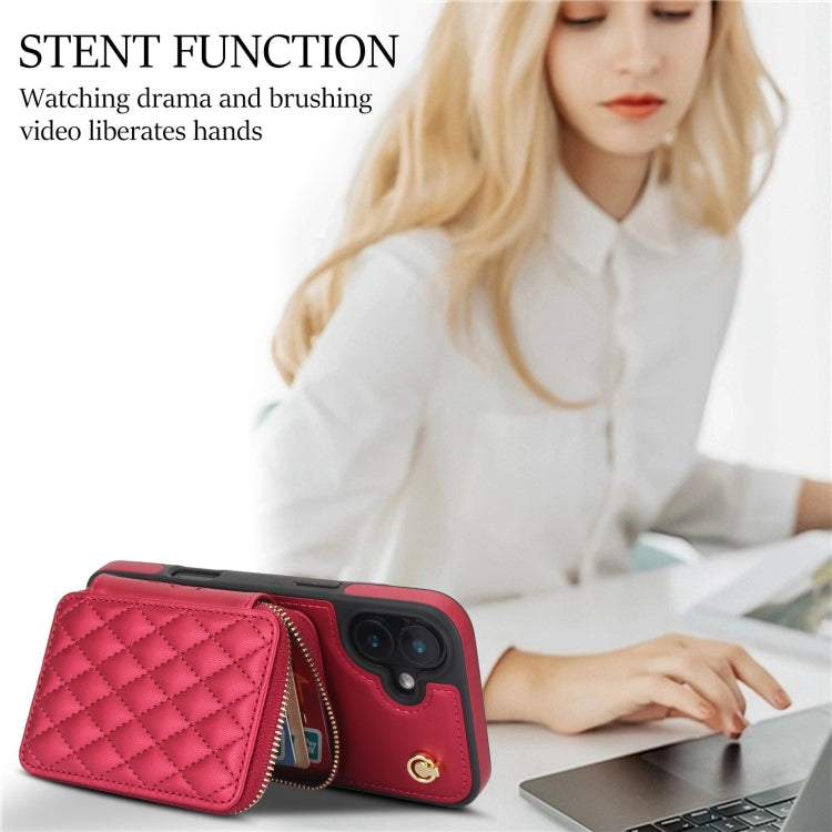 For iPhone 16 Plus AwQuer Crossbody Zipper Wallet Rhombic Leather Back Phone Case(Red)