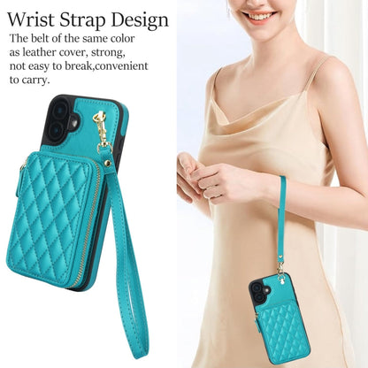 For iPhone 16 Plus AwQuer Crossbody Zipper Wallet Rhombic Leather Back Phone Case(Green)