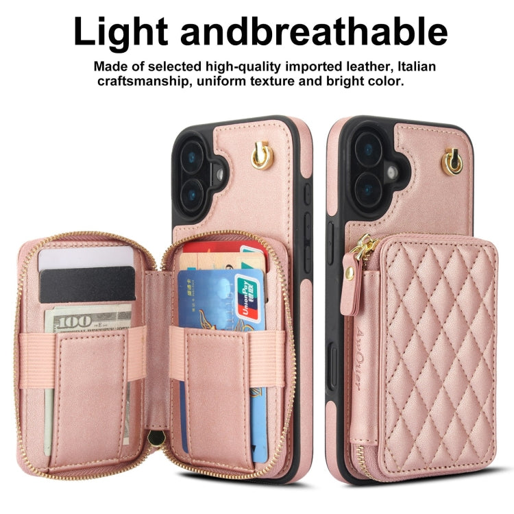 For iPhone 16 Plus AwQuer Crossbody Zipper Wallet Rhombic Leather Back Phone Case(Rose Gold)