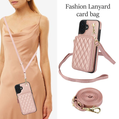 For iPhone 16 Plus AwQuer Crossbody Zipper Wallet Rhombic Leather Back Phone Case(Rose Gold)