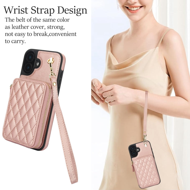 For iPhone 16 Plus AwQuer Crossbody Zipper Wallet Rhombic Leather Back Phone Case(Rose Gold)