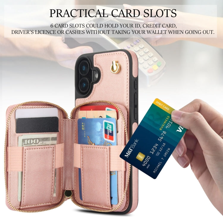For iPhone 16 Plus AwQuer Crossbody Zipper Wallet Rhombic Leather Back Phone Case(Rose Gold)