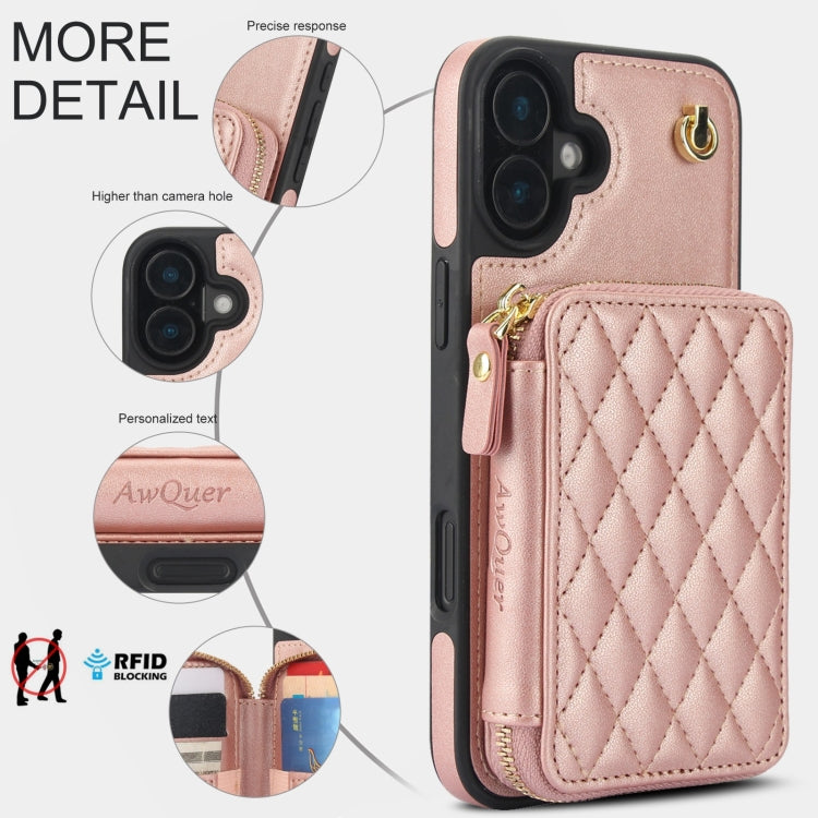 For iPhone 16 Plus AwQuer Crossbody Zipper Wallet Rhombic Leather Back Phone Case(Rose Gold)