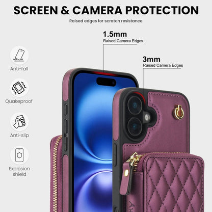 For iPhone 16 Plus AwQuer Crossbody Zipper Wallet Rhombic Leather Back Phone Case(Dark Purple)