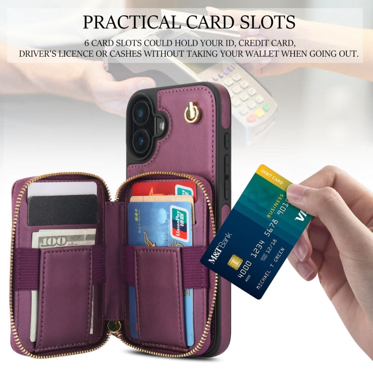 For iPhone 16 Plus AwQuer Crossbody Zipper Wallet Rhombic Leather Back Phone Case(Dark Purple)