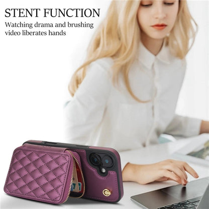 For iPhone 16 Plus AwQuer Crossbody Zipper Wallet Rhombic Leather Back Phone Case(Dark Purple)