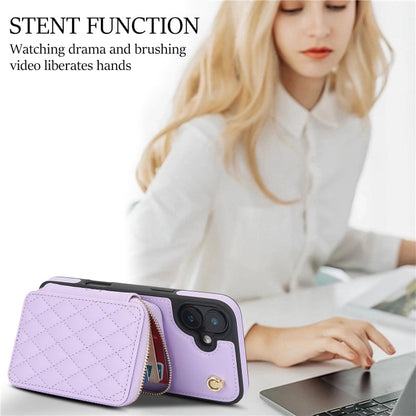 For iPhone 16 Plus AwQuer Crossbody Zipper Wallet Rhombic Leather Back Phone Case(Purple)