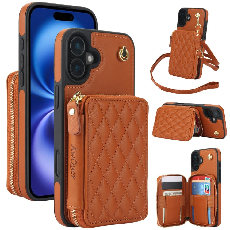 For iPhone 16 Plus AwQuer Crossbody Zipper Wallet Rhombic Leather Back Phone Case(Brown)