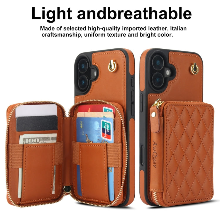 For iPhone 16 Plus AwQuer Crossbody Zipper Wallet Rhombic Leather Back Phone Case(Brown)