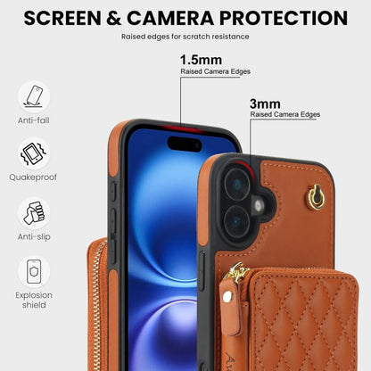 For iPhone 16 Plus AwQuer Crossbody Zipper Wallet Rhombic Leather Back Phone Case(Brown)