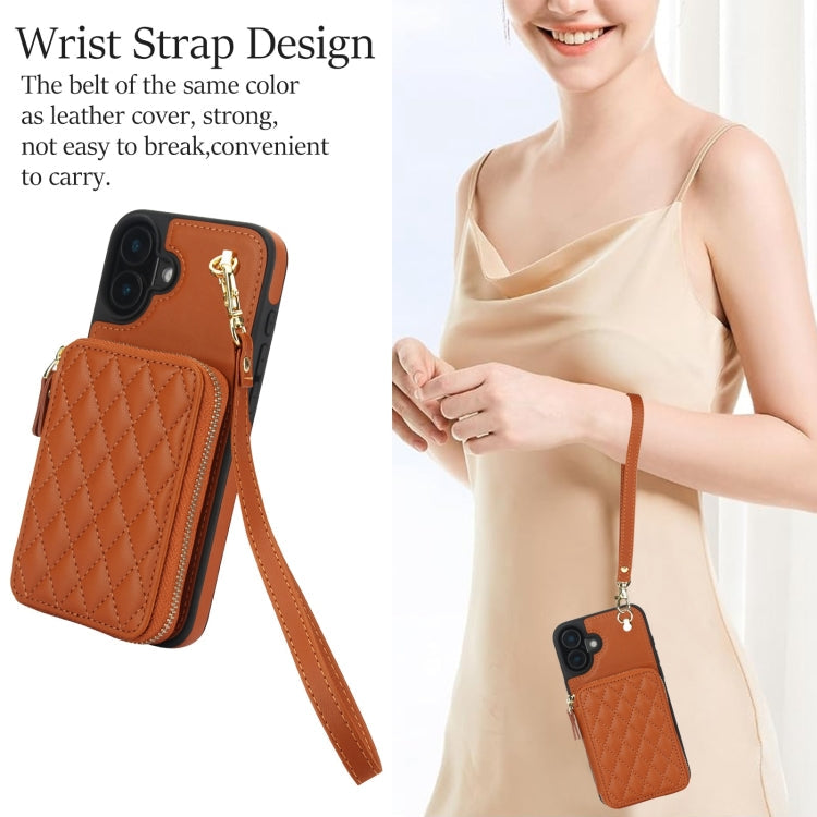 For iPhone 16 Plus AwQuer Crossbody Zipper Wallet Rhombic Leather Back Phone Case(Brown)