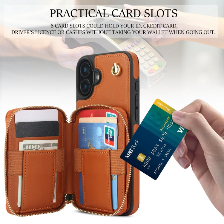 For iPhone 16 Plus AwQuer Crossbody Zipper Wallet Rhombic Leather Back Phone Case(Brown)