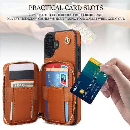 For iPhone 16 Plus AwQuer Crossbody Zipper Wallet Rhombic Leather Back Phone Case(Brown)