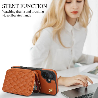 For iPhone 16 Plus AwQuer Crossbody Zipper Wallet Rhombic Leather Back Phone Case(Brown)