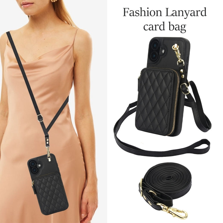 For iPhone 16 AwQuer Crossbody Zipper Wallet Rhombic Leather Back Phone Case(Black)