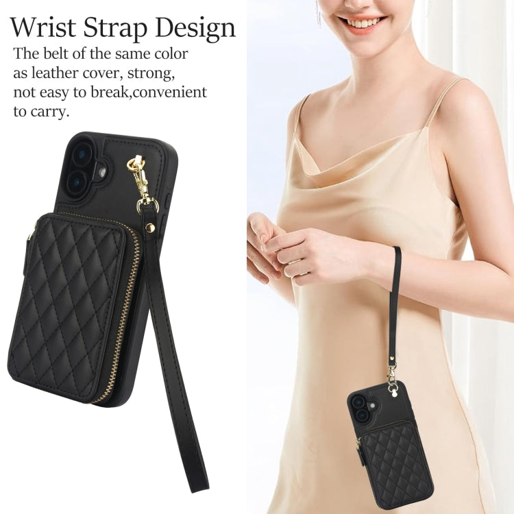 For iPhone 16 AwQuer Crossbody Zipper Wallet Rhombic Leather Back Phone Case(Black)